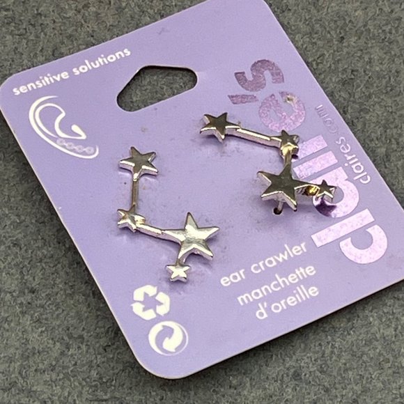 Claires Ear Crawler Earrings New As Is Silver Star Sensitive Solutions Zig Zag - Picture 1 of 7